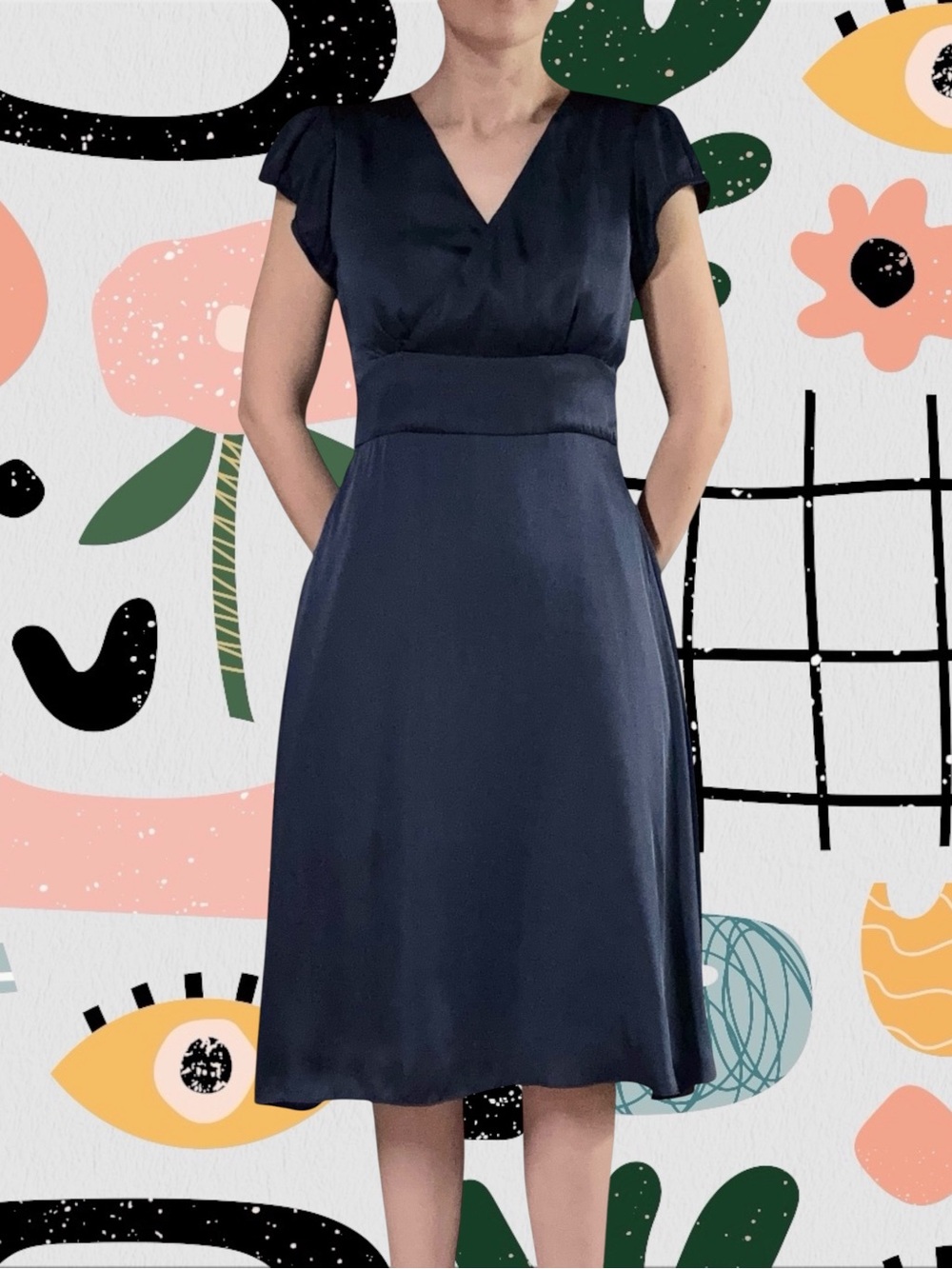 DownEast Basics | Navy Blue Satin Knee Length Dress